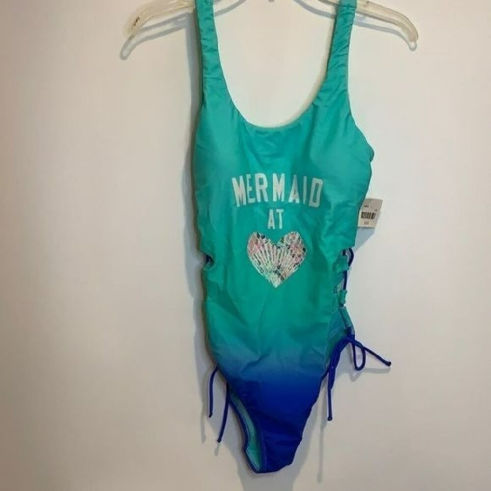 NWT Hobie Womens Green Blue Ombre Mermaid Side Tie One-Piece Swimsuit L LARGE